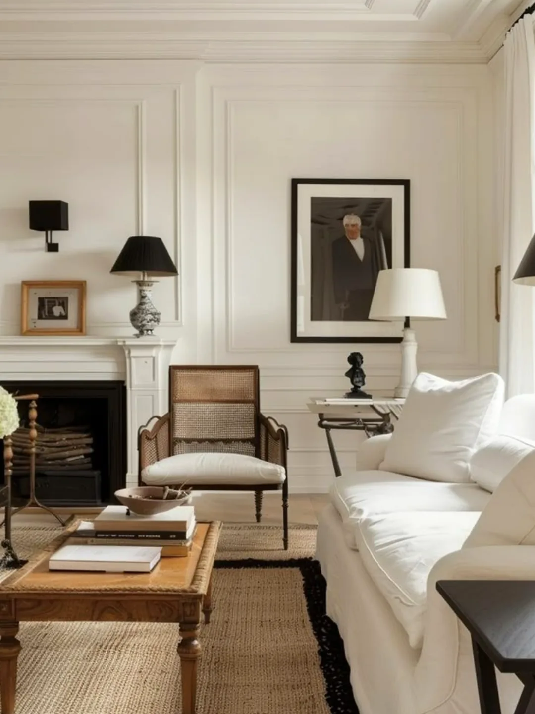 A cream living room styled with a fireplace, cane armchair and white sofa