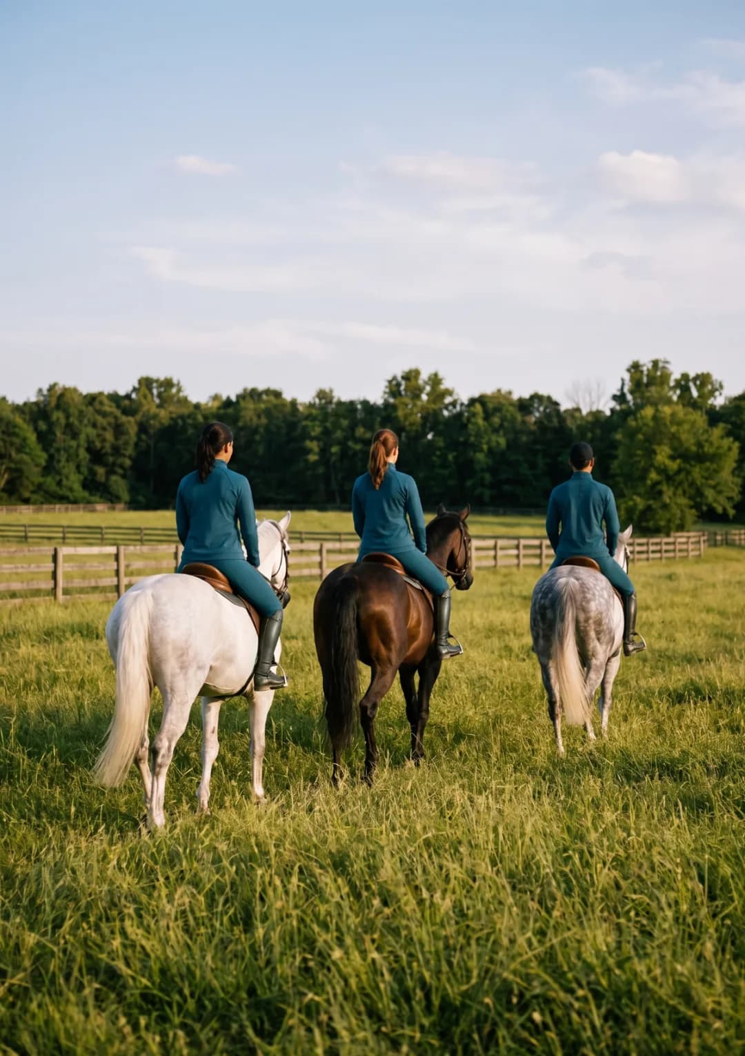 Three riders in teal riding wear crossing a fenced summer paddock