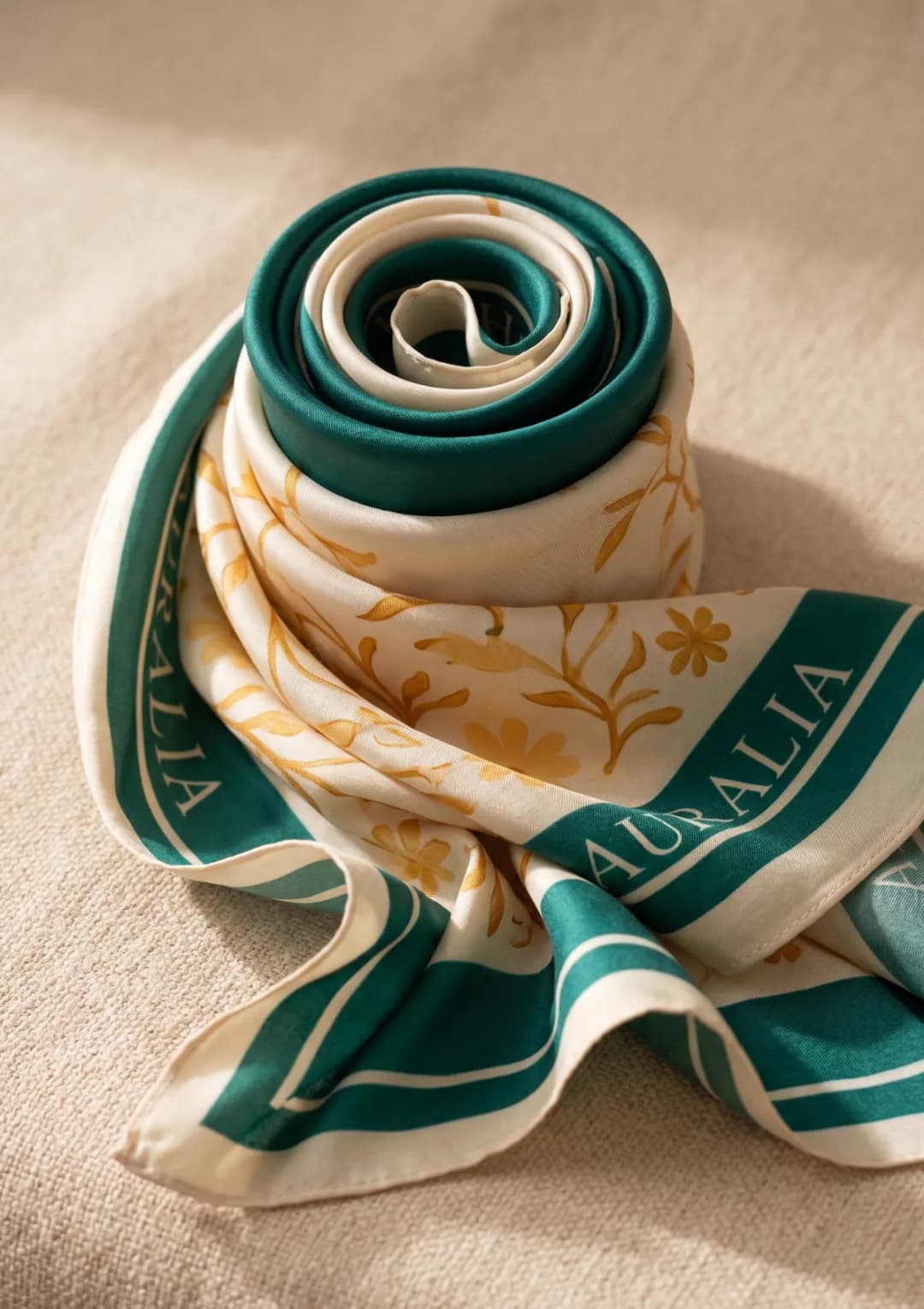 A rolled Auralia silk scarf in green and cream with a gold botanical print