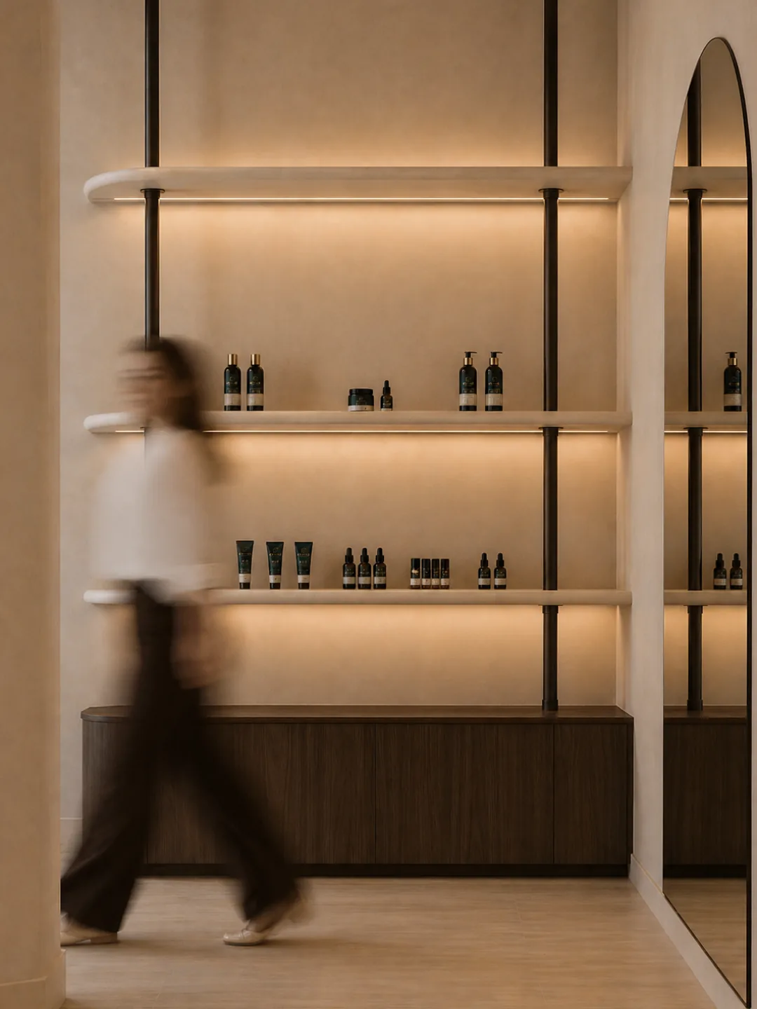 The Cherub Tricho store interior with product-lined shelves and a figure walking past