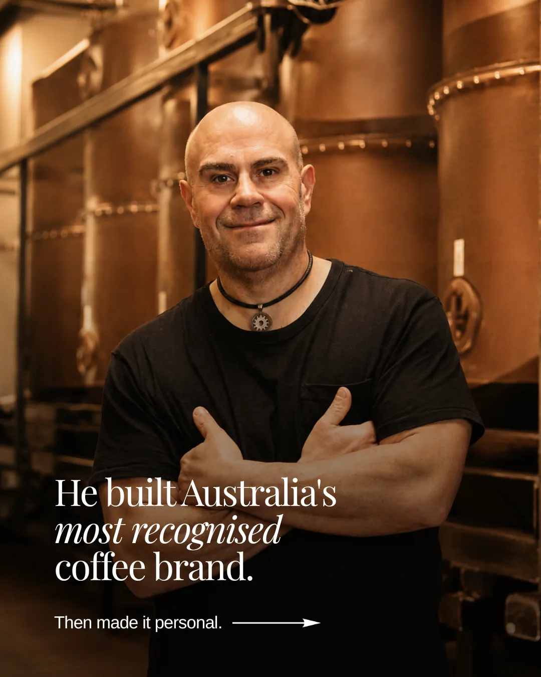 Phillip Di Bella in the roastery under the line "He built Australia's most recognised coffee brand"